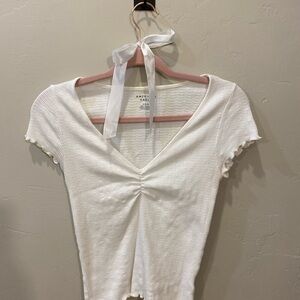 American Eagle Outfitters Cream Ruched V-neck Ruffle Hem Top